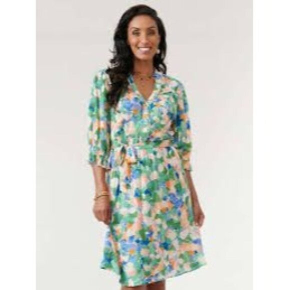 Democracy‎ Lantern Sleeve Button Up Watercolor Floral Dress Size Medium - Picture 1 of 6